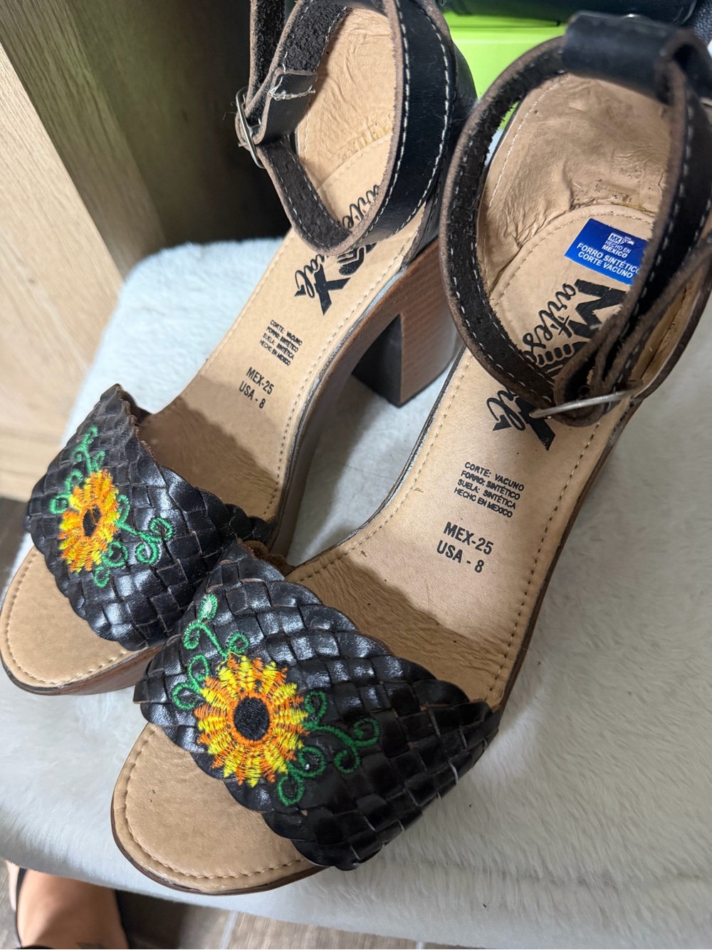 Black Sunflower Embroidered Woven Block Heel Sandals - Picture 2 of 10
